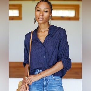 Emerson Fry Navy Swiss Dot Mandarin Collar Blouse- One Size